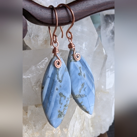 Artisan Blue Opal Gemstone Earrings Copper Wrap Spiral Marquise Lightweight - Picture 2 of 16